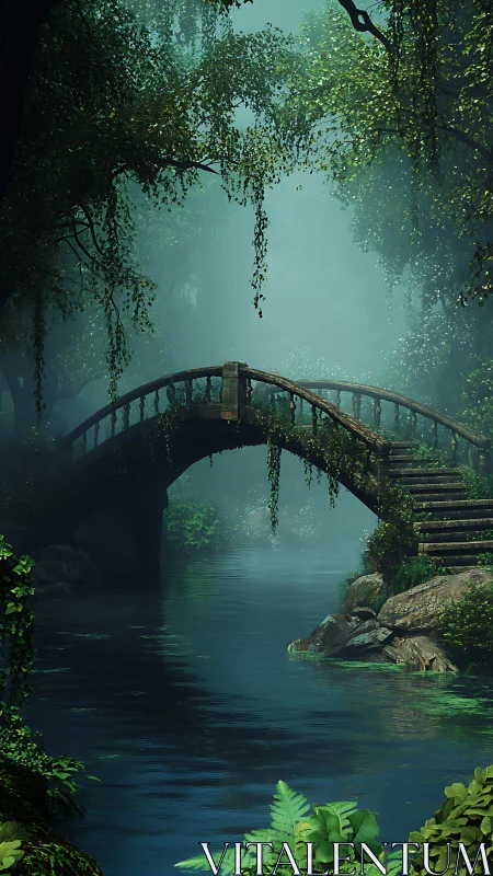 Arched stone footbridge over mist-laden forest river channel.