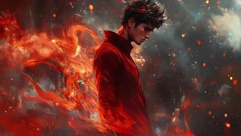 Pyrokinetic figure in turbulent combustive particle field.