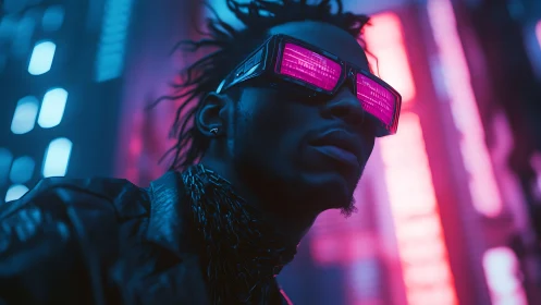 Neon-drenched dreamer prowls through a holographic nightscape