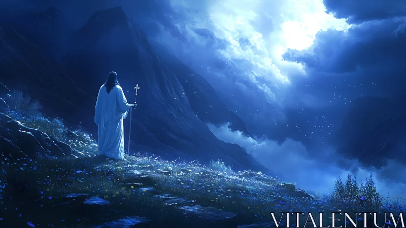 Figure in white robe stands on blue-lit mountain slope at night