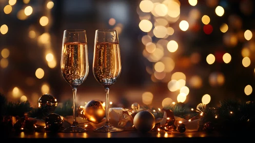 Champagne twins bask in golden holiday bokeh glow.