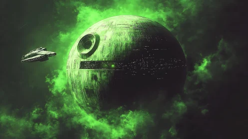 Spherical space station and starship occupy green nebula field