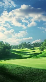 Golf course fairway under scattered cumulus cloud cover.
