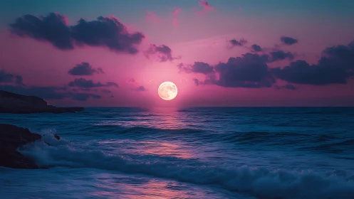 Full moon over ocean horizon under saturated violet sky