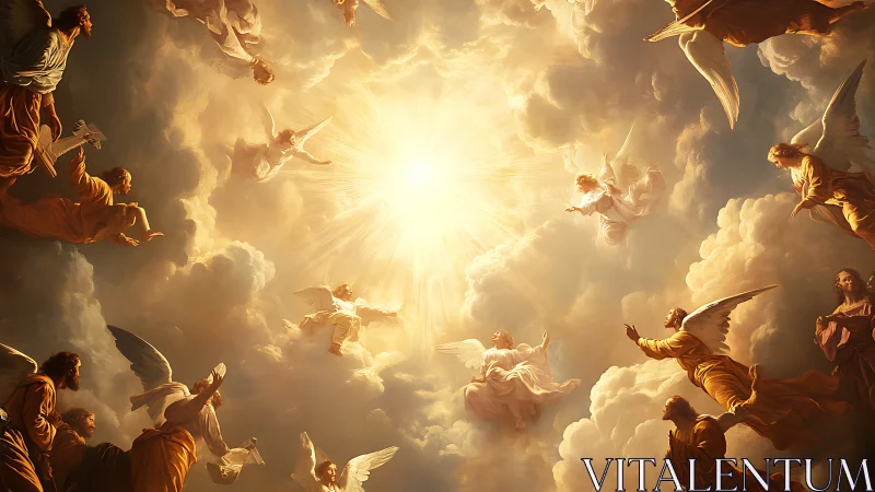 Golden sky of angels circling a radiant, welcoming light.