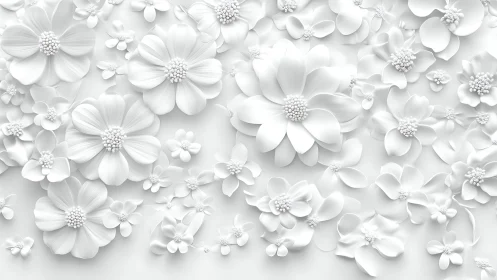 Three-dimensional white floral arrangement with spherical botanical centers.