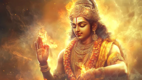 Divine fire deity portrait in radiant golden flames.