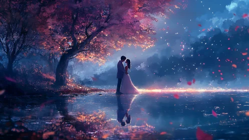 Couple kissing under luminous tree at night by water