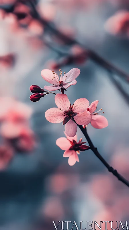 Pink Cherry Blossoms in Soft Focus Spring Light.