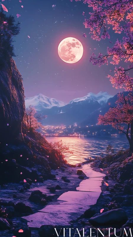 Moonlit lake path glows softly beneath pink blossom skies