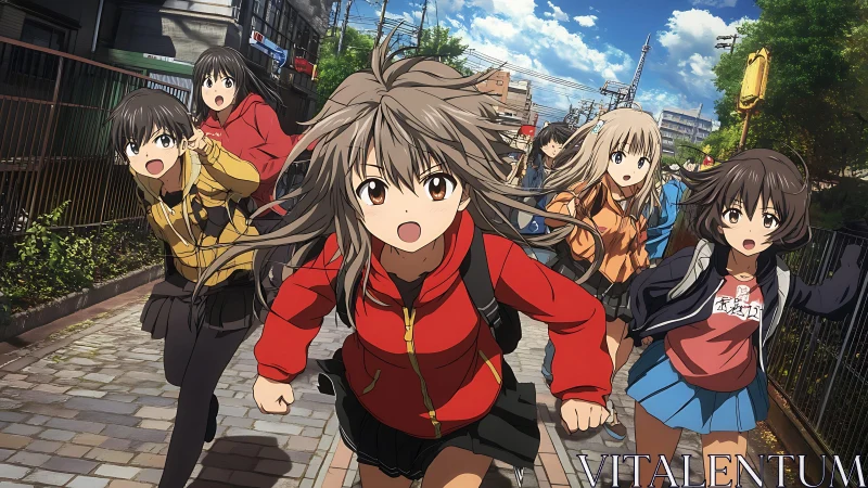 Anime schoolgirls running together on a city street.