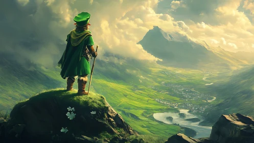 Lone cloaked adventurer surveying luminous river valley.