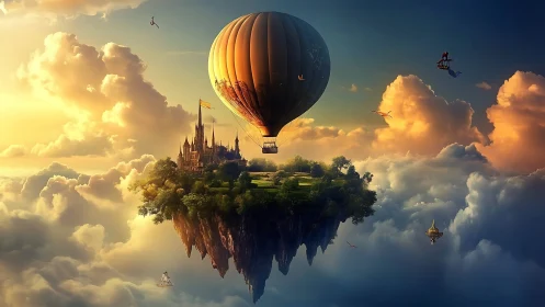 Floating island castle and balloon traverse layered cloudscape