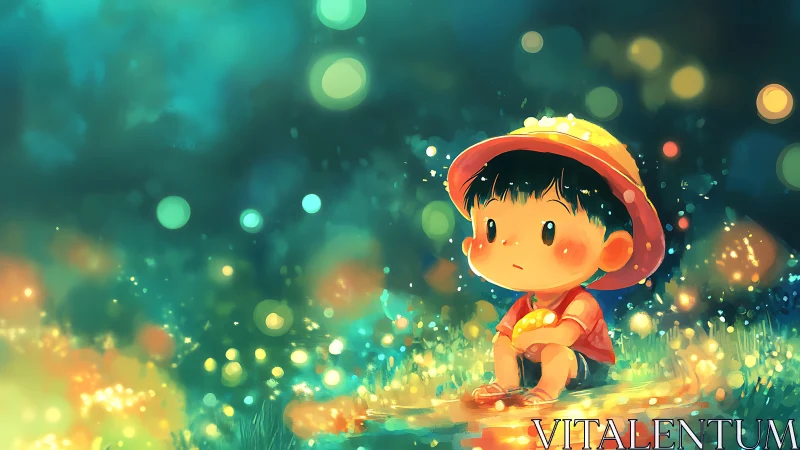 Child in red raincoat by luminous pond under teal bokeh night