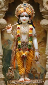 Ornate Hindu deity statue with flute and garlands on pedestal.