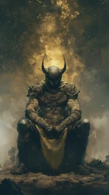 Brooding horned warlord crowned by molten stormlight.