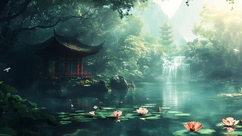 Lotus lagoon whispers beneath jade pagoda light.