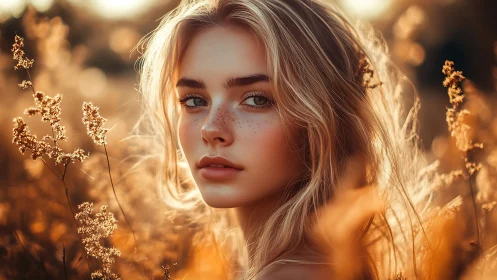 Freckled blonde woman in golden field at warm sunset light.