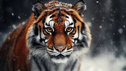 Snow-dusted tiger strides through a storm of silent sparks.