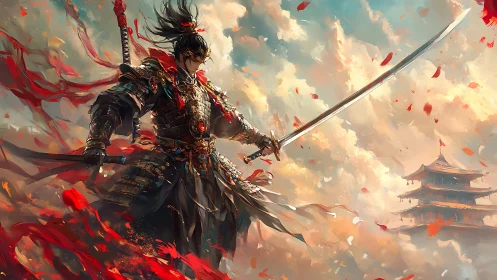 Armored swordsman in dynamic pose before distant pagoda.