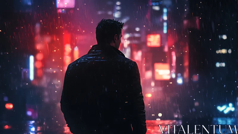 Midnight wanderer in neon city rain, caught between lights.
