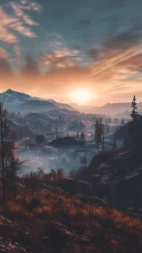 Golden sunrise pours warm light over a misty valley town