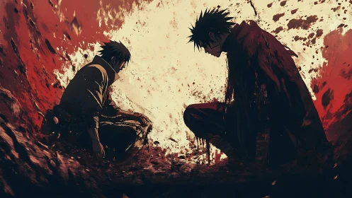 War-torn anime rivals kneel in blood-splashed cratered void.