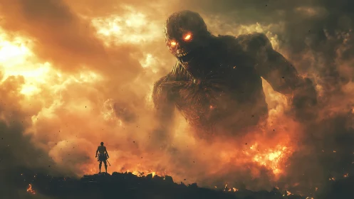 Volcanic colossus confronting armored warrior in infernal haze.