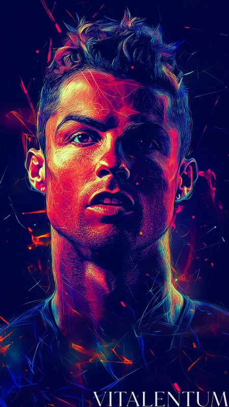 Neon electric portrait of intense male athlete face.