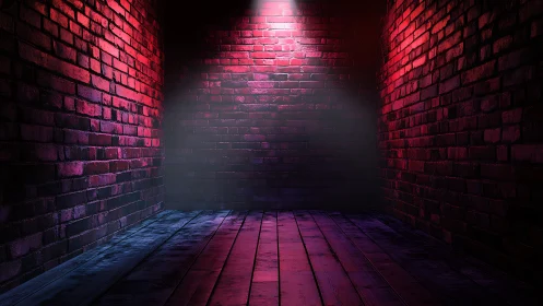 Neon lit brick corridor with dramatic central spotlight focus.
