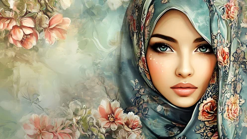 Floral patterned hijab framing a stylized female portrait.