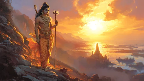 Figure with trident surveys coastal temple complex at sunset
