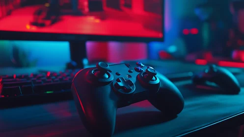 Dual game controllers under neon bicolor rim lighting on desk