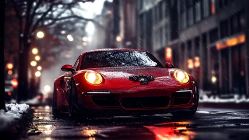 Photorealistic red sports car in cinematic urban rain scene.
