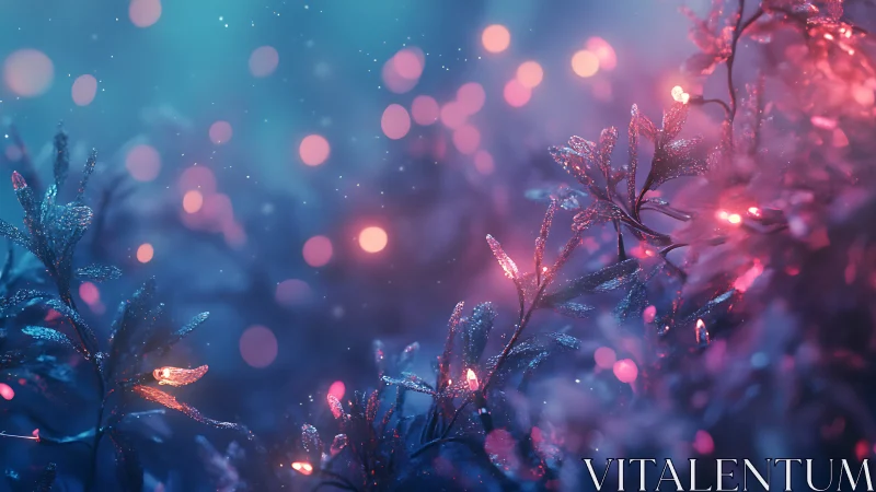Glowing fairy lights sparkling over dreamy frosted leaves.