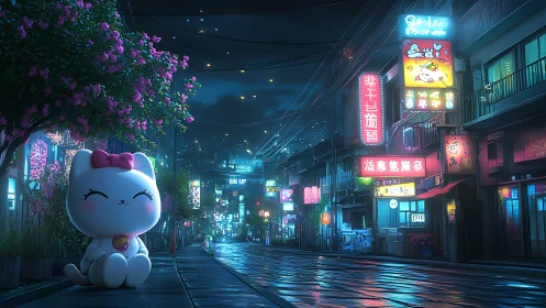 Neon city street at night with large cartoon cat figure.