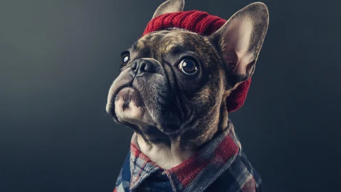Portrait of French bulldog in studio wardrobe styling.