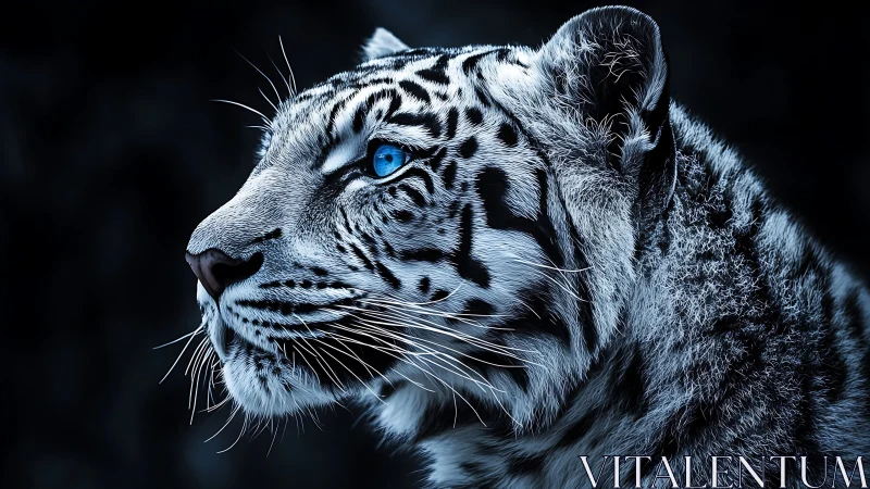 Snow leopard portrait with electric blue eyes in profile