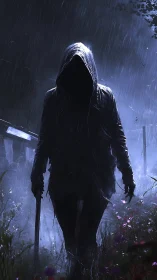 Hooded figure stands in rain holding long weapon at night