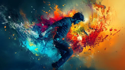 Dynamic dancer in mid-air within explosive color fields.