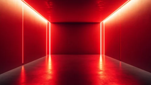 Red neon corridor with minimal glowing light lines.