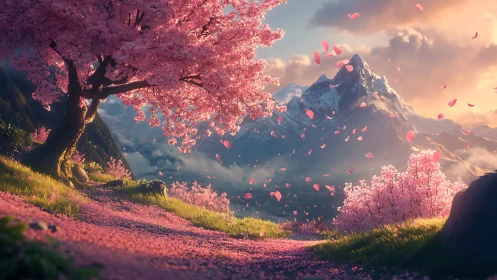 Blossoming cherry path opens toward distant snowy mountains.