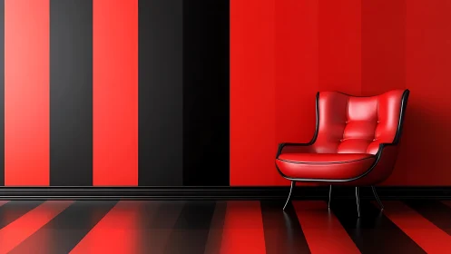 Red leather lounge chair anchors bold striped interior scene