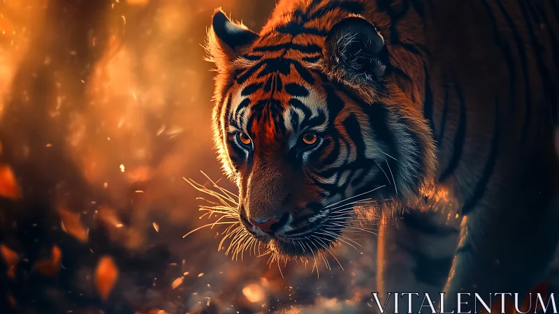 Tiger moves through warm backlit forest with glowing embers