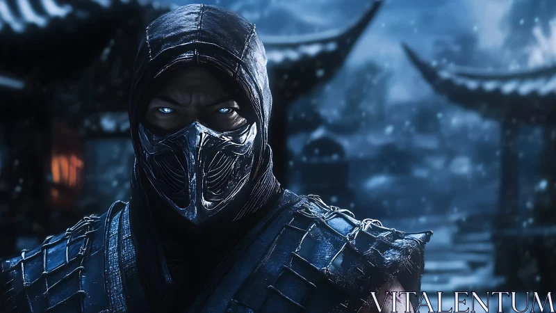 Frozen warrior stands strong in a stormy midnight temple.