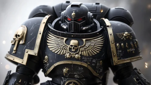 Armored space warrior stands ready in ornate black power suit