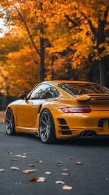 Golden sports coupe under saturated autumn foliage canopy.