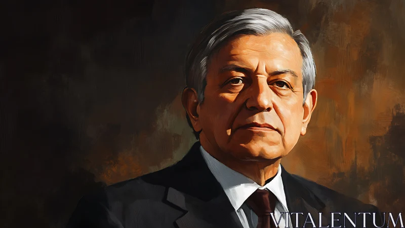 Elderly statesman in formal suit against warm backdrop.