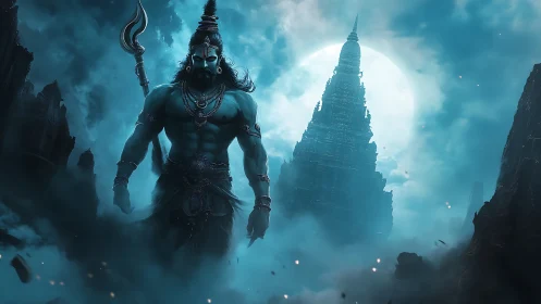 Mythic warrior silhouette before towering moonlit temple.