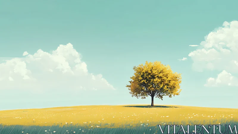 Solitary golden tree on sunlit meadow under cyan sky.